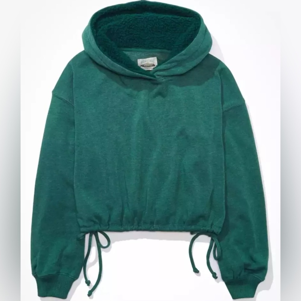 American Eagle Cropped Sherpa-Lined Hoodie / M / Green